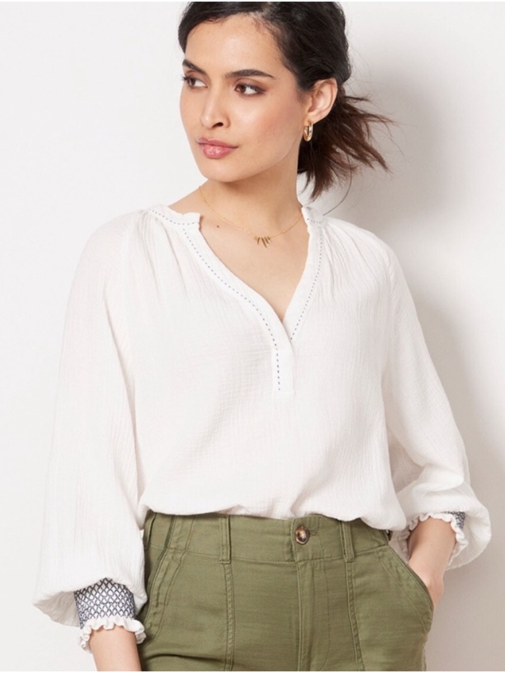 Evereve Shirt Blouse Top Womens S Mariah Gauze Smocked Embroidered Popover Boho